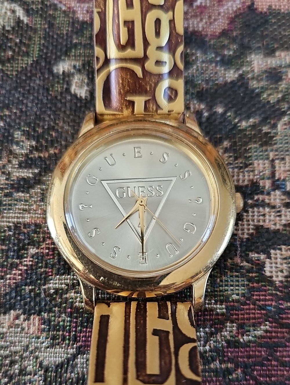 GUESS 1994 Gold Tone Watch with Brown Logo Strap